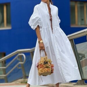 Aurielle White Smocked Puff Sleeve Midi Dress